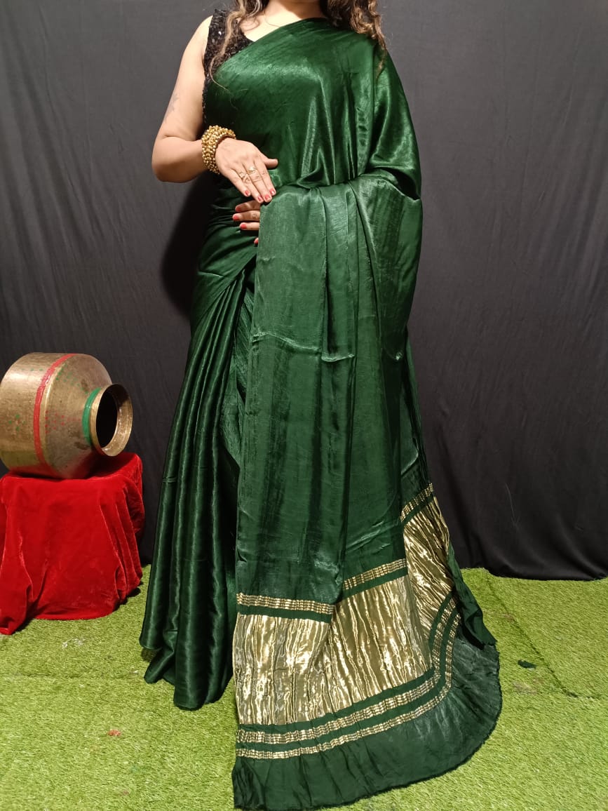 Dark Green Plain Pure Modal Gajji Silk Saree With Zari Pallu Natural dyeing Saree