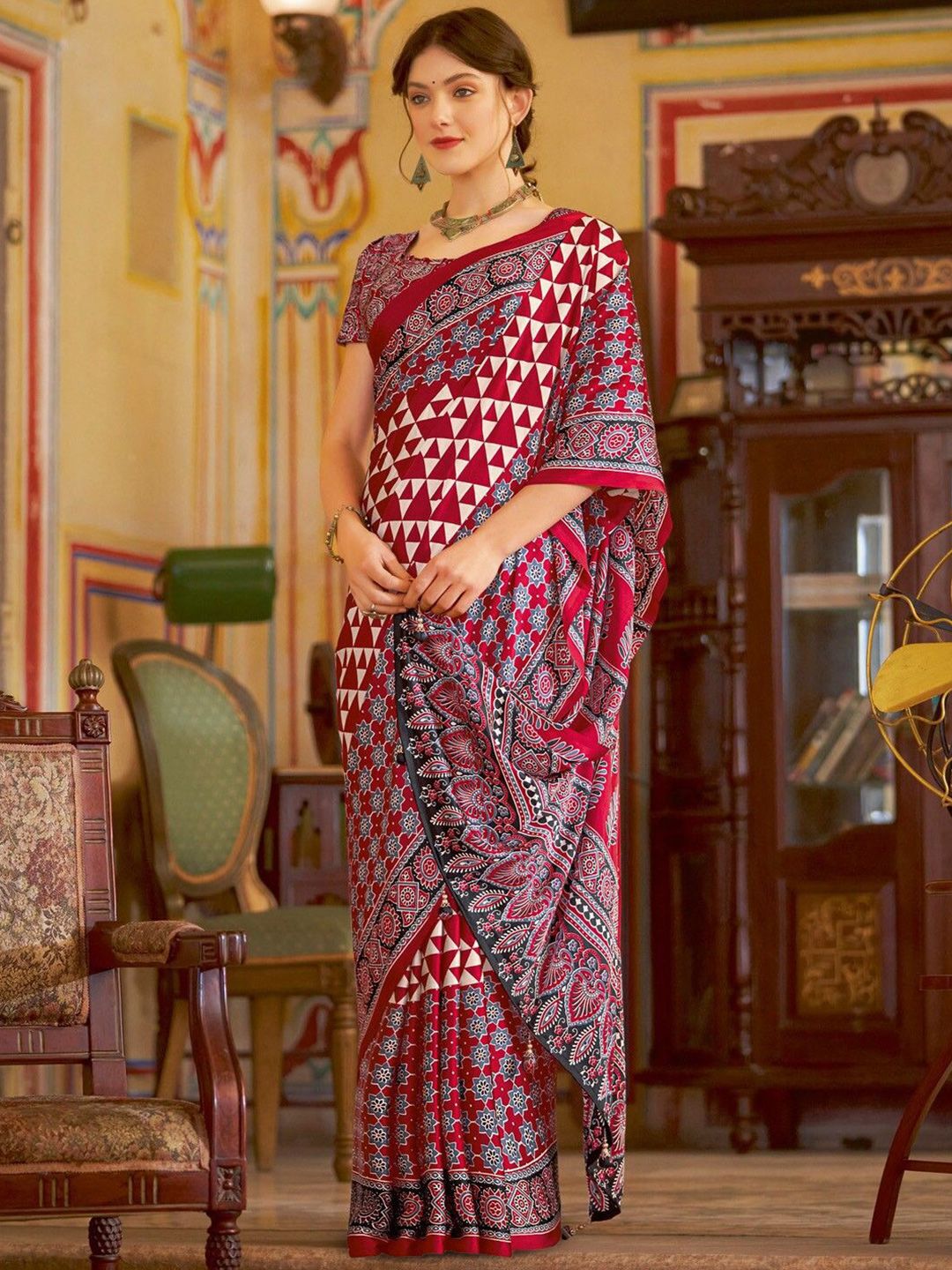 Maroon New Ajrakh Printed Satin Crepe Saree