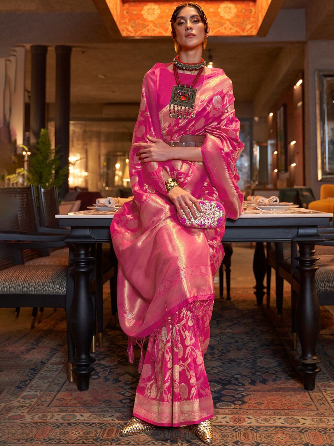 Pink Zari Woven Banarasi Saree with Floral Border