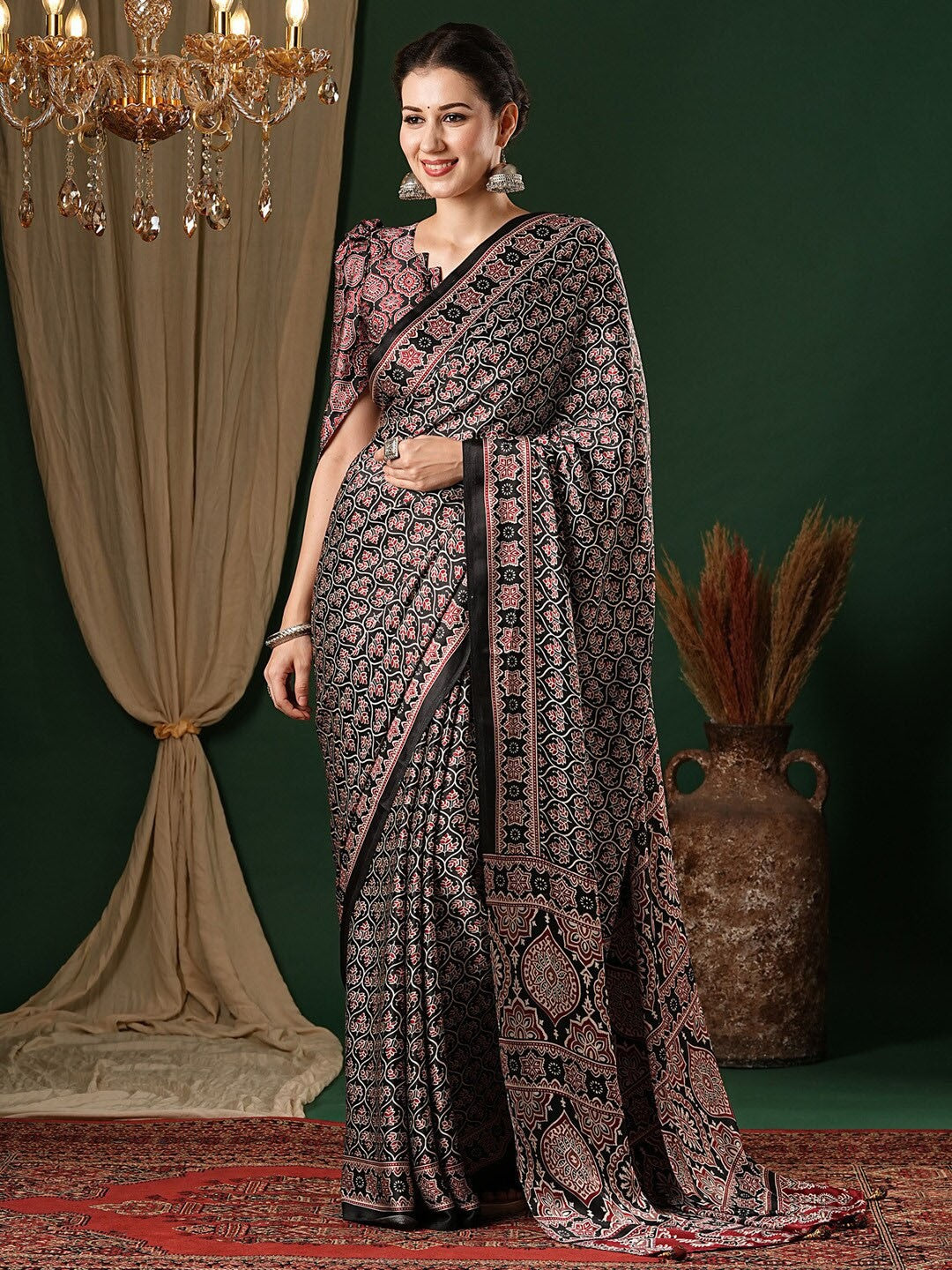 Black New Ajrakh Printed Satin Crepe Saree