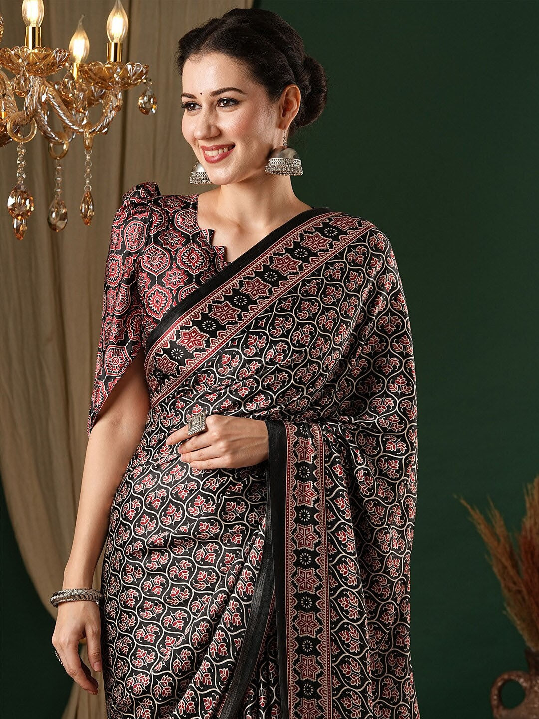 Black New Ajrakh Printed Satin Crepe Saree