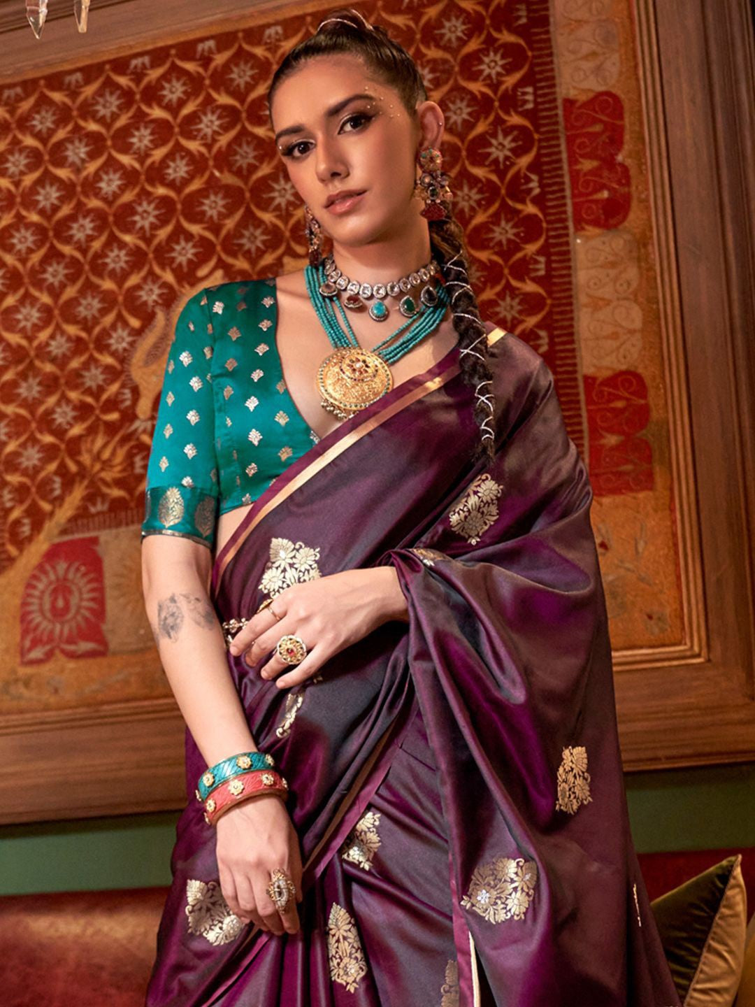 Eggplant Handloom Woven Banarasi Satin Silk Blend Saree