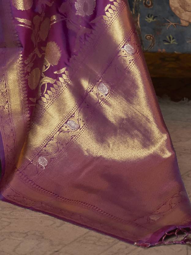 Dark Purple Zari Woven Banarasi Saree with Floral Border