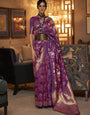 Dark Purple Zari Woven Banarasi Saree with Floral Border