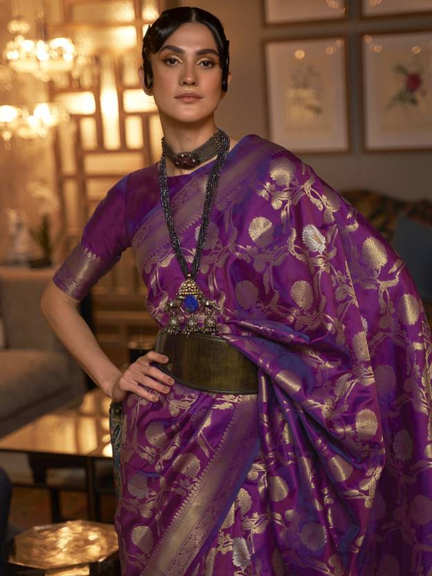 Dark Purple Zari Woven Banarasi Saree with Floral Border