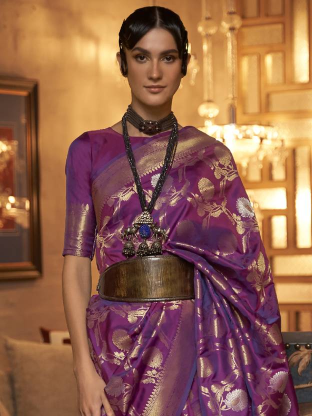 Dark Purple Zari Woven Banarasi Saree with Floral Border