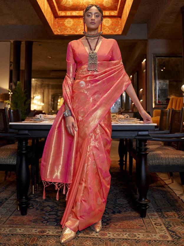 Peach Zari Woven Banarasi Saree with Floral Border