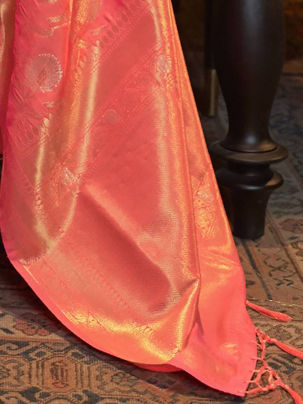 Peach Zari Woven Banarasi Saree with Floral Border