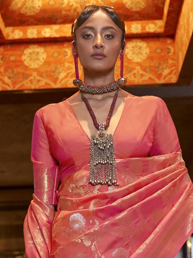 Peach Zari Woven Banarasi Saree with Floral Border