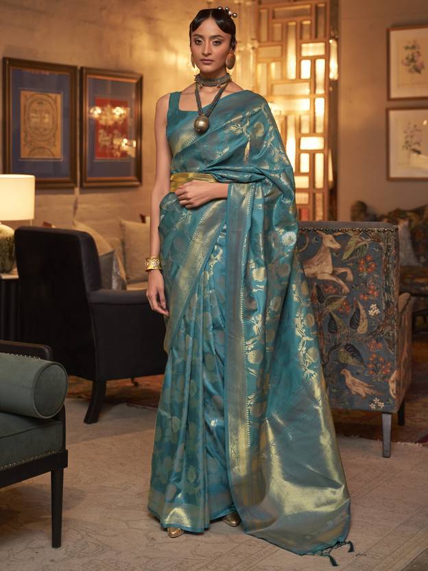 Rama Zari Woven Banarasi Saree with Floral Border