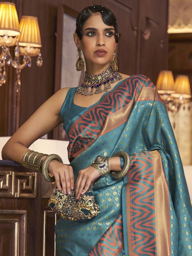 Teal Green Kanjivaram Pure Soft Silk Saree With Blouse
