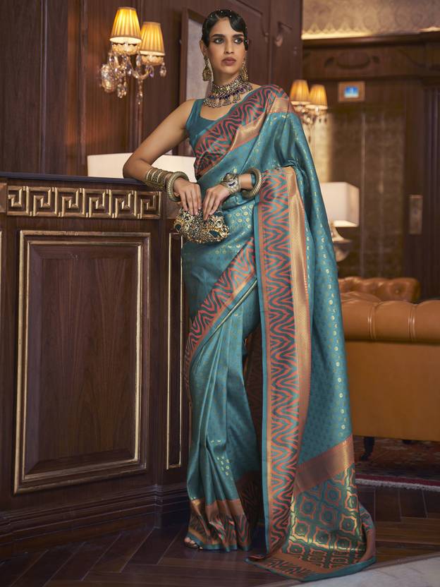 Teal Green Kanjivaram Pure Soft Silk Saree With Blouse