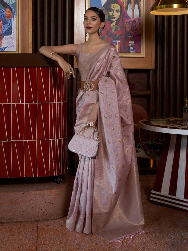 Stylish Light Pink Soft Banarasi Silk Saree With Skinny Blouse Piece