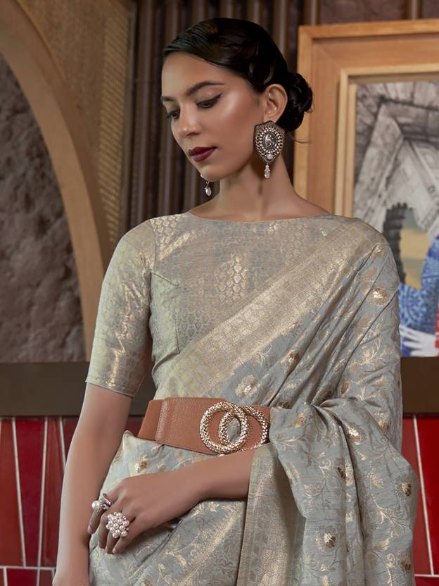 Energetic Grey Soft Banarasi Silk Saree With Attractive Blouse Piece