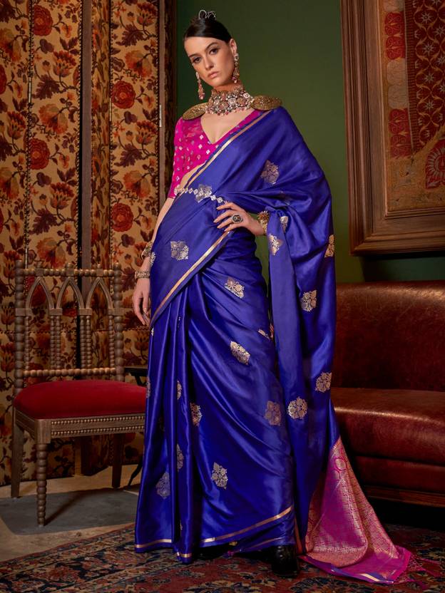 Prussian Blue Handloom Woven Banarasi Satin Silk Blend Saree