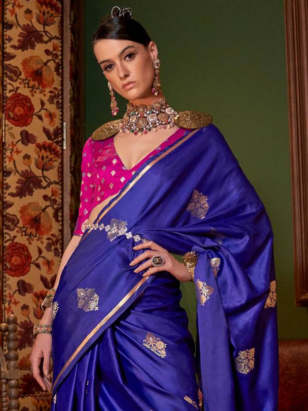 Prussian Blue Handloom Woven Banarasi Satin Silk Blend Saree