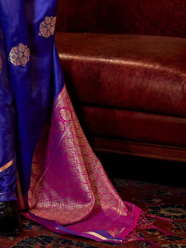 Prussian Blue Handloom Woven Banarasi Satin Silk Blend Saree
