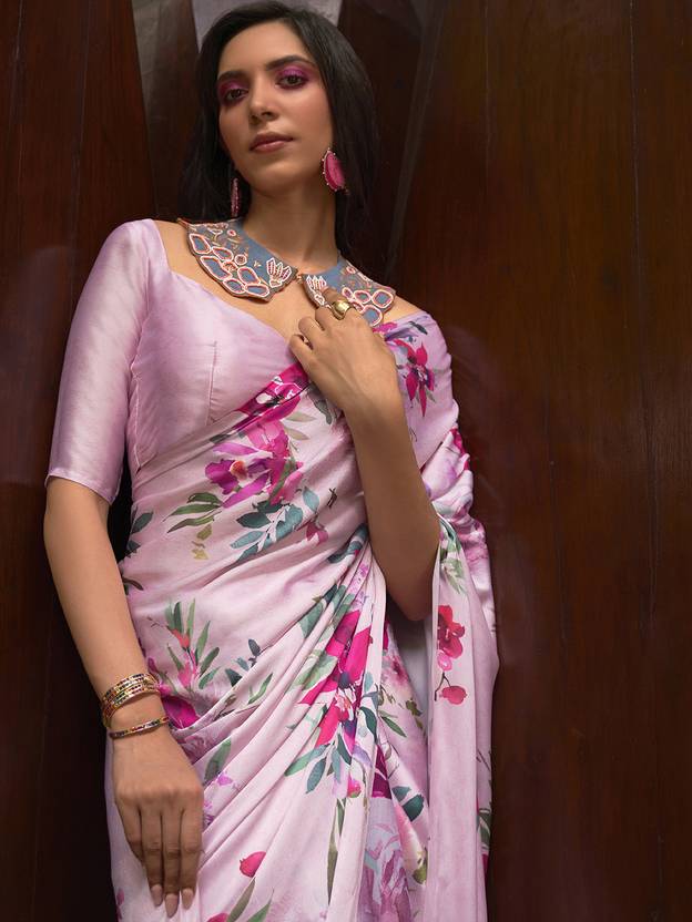 Fuchsia Digital Printed Satin Silk Saree