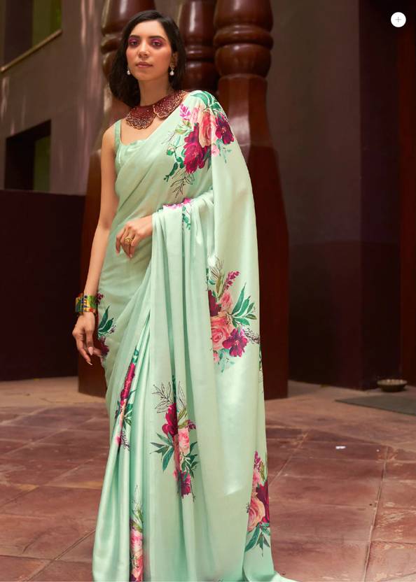 Pistachio Digital Printed Satin Silk Saree