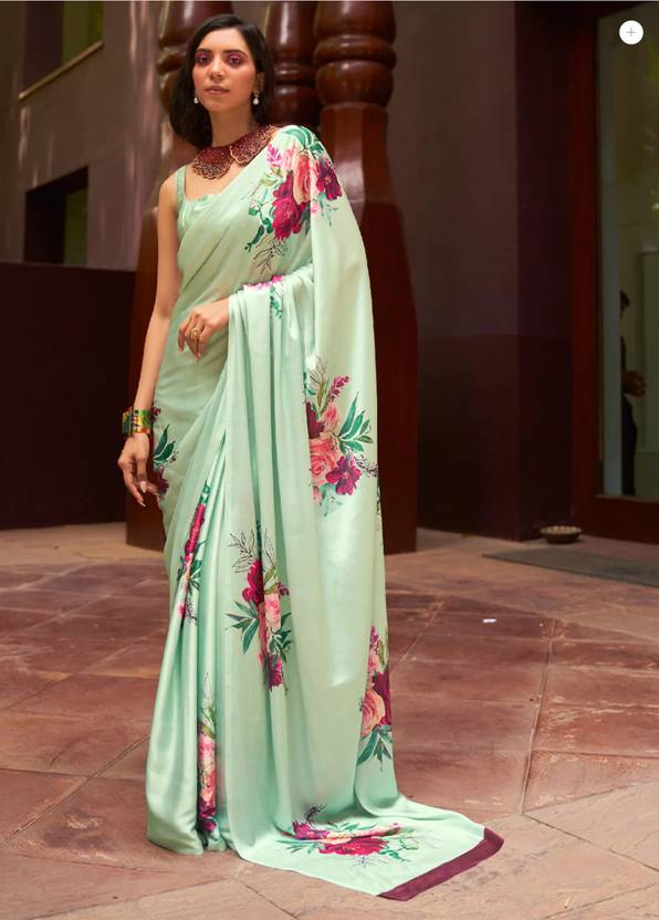 Pistachio Digital Printed Satin Silk Saree