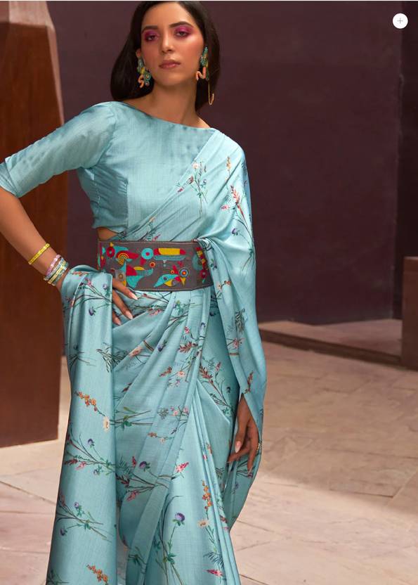 Midnight Blue Digital Printed Satin Silk Saree