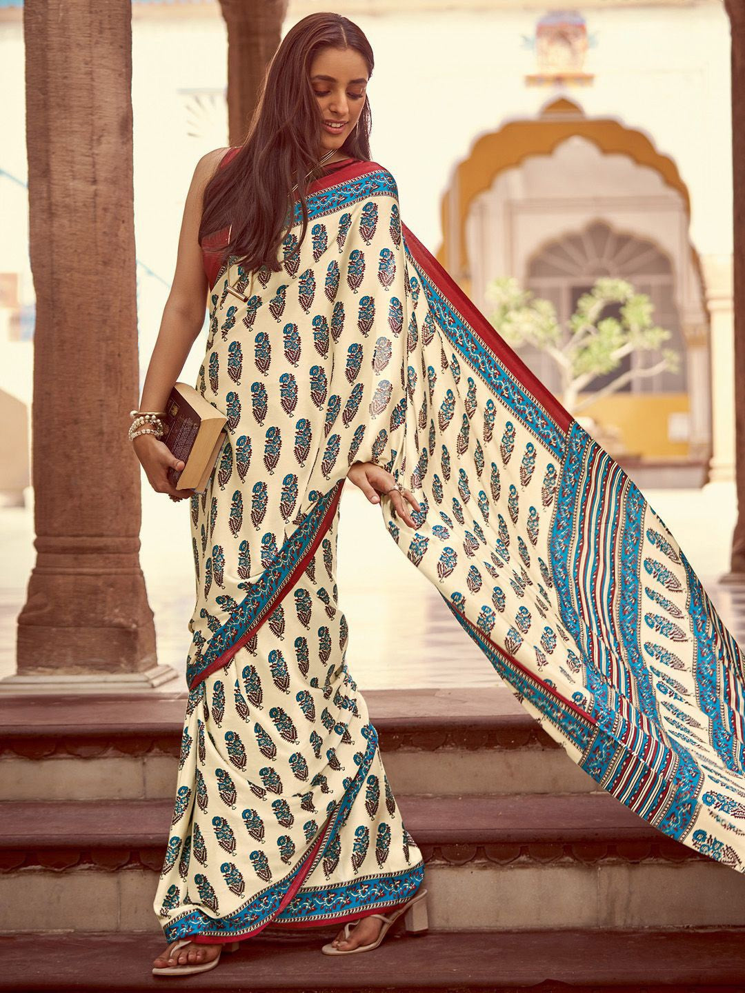 Cream New Ajrakh Printed Satin Crepe Saree