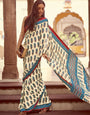 Cream New Ajrakh Printed Satin Crepe Saree