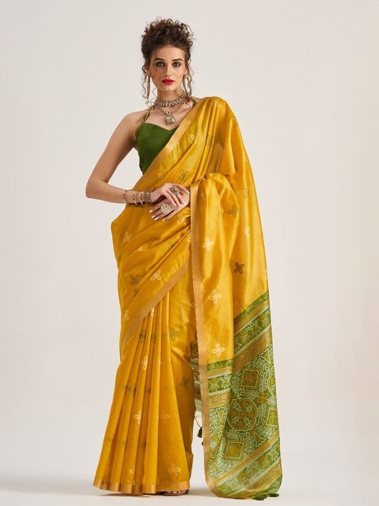 Pirate Yellow Patola Handloom Saree With Fancy Blouse