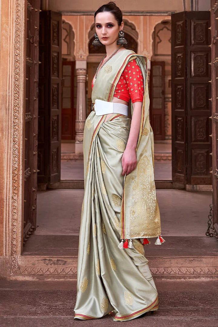 Cream Satin Silk Saree With Tassels