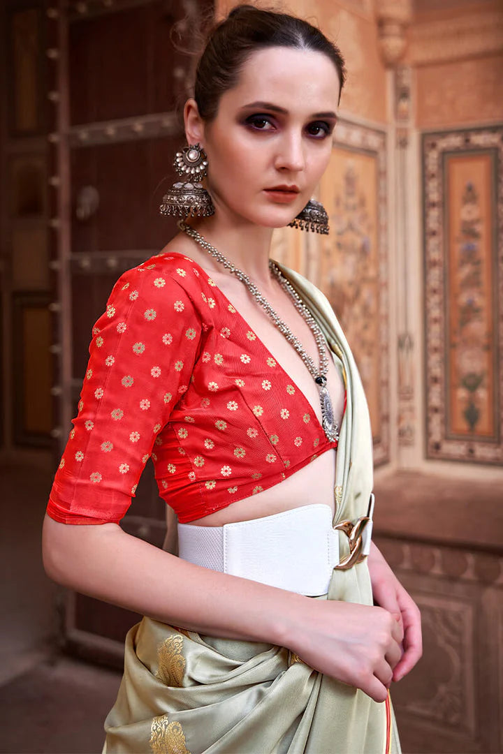 Cream Satin Silk Saree With Tassels