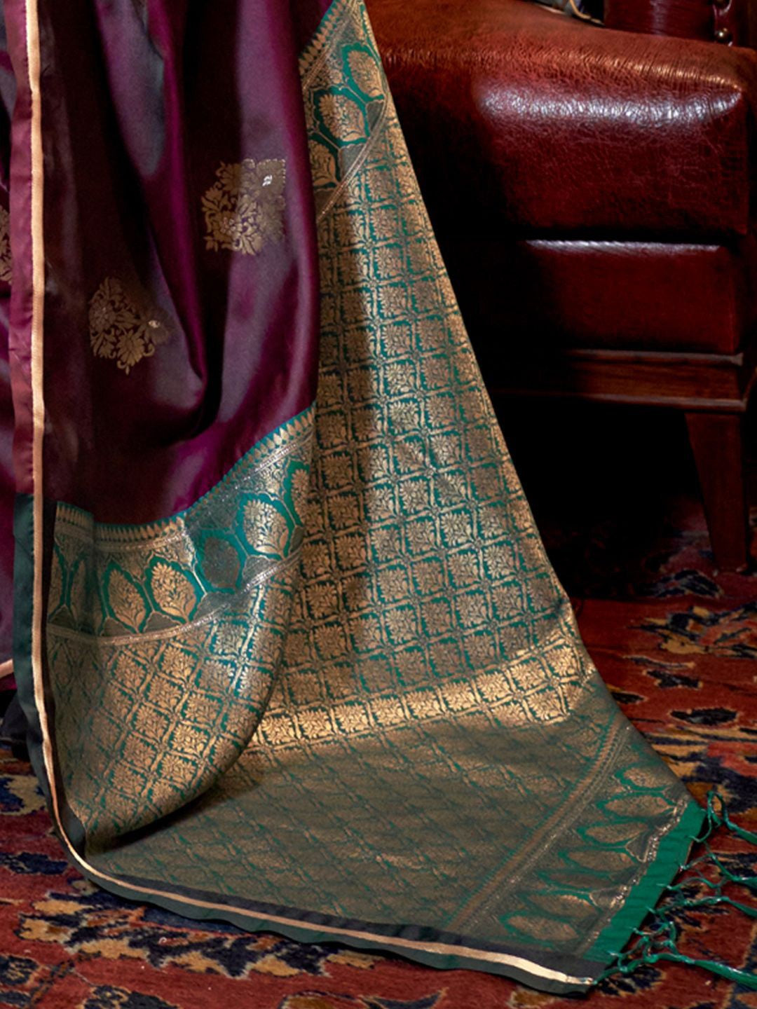 Eggplant Handloom Woven Banarasi Satin Silk Blend Saree