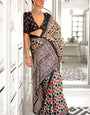 Hazel Green and Black Printed Ajrakh Satin Crepe Saree