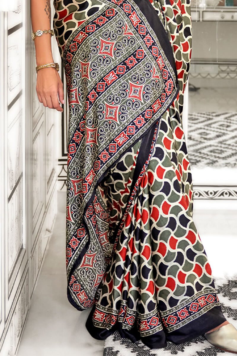 Hazel Green and Black Printed Ajrakh Satin Crepe Saree