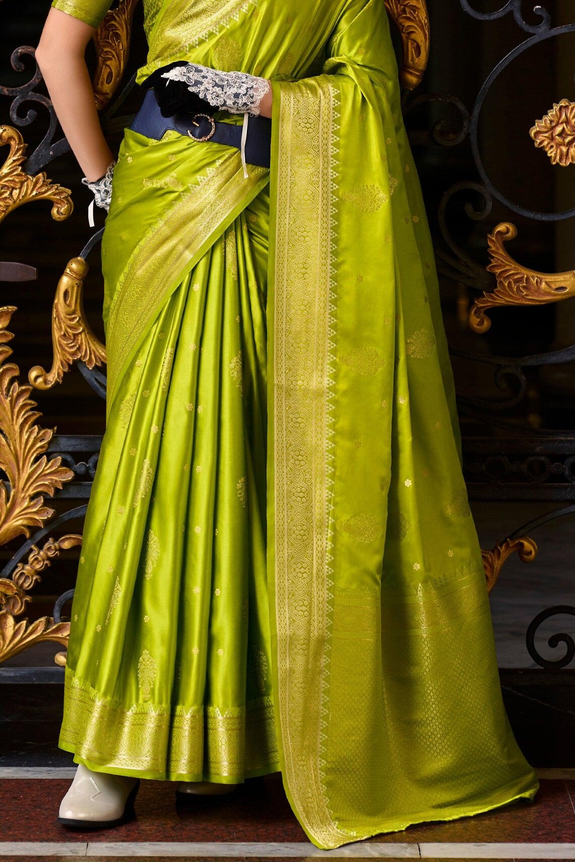 Radiant Green Pure Satin Crepe Silk Saree