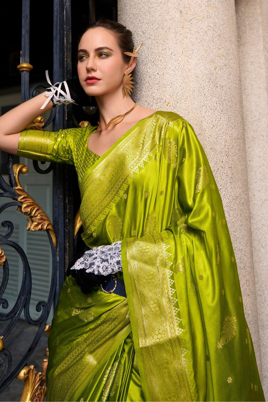 Radiant Green Pure Satin Crepe Silk Saree