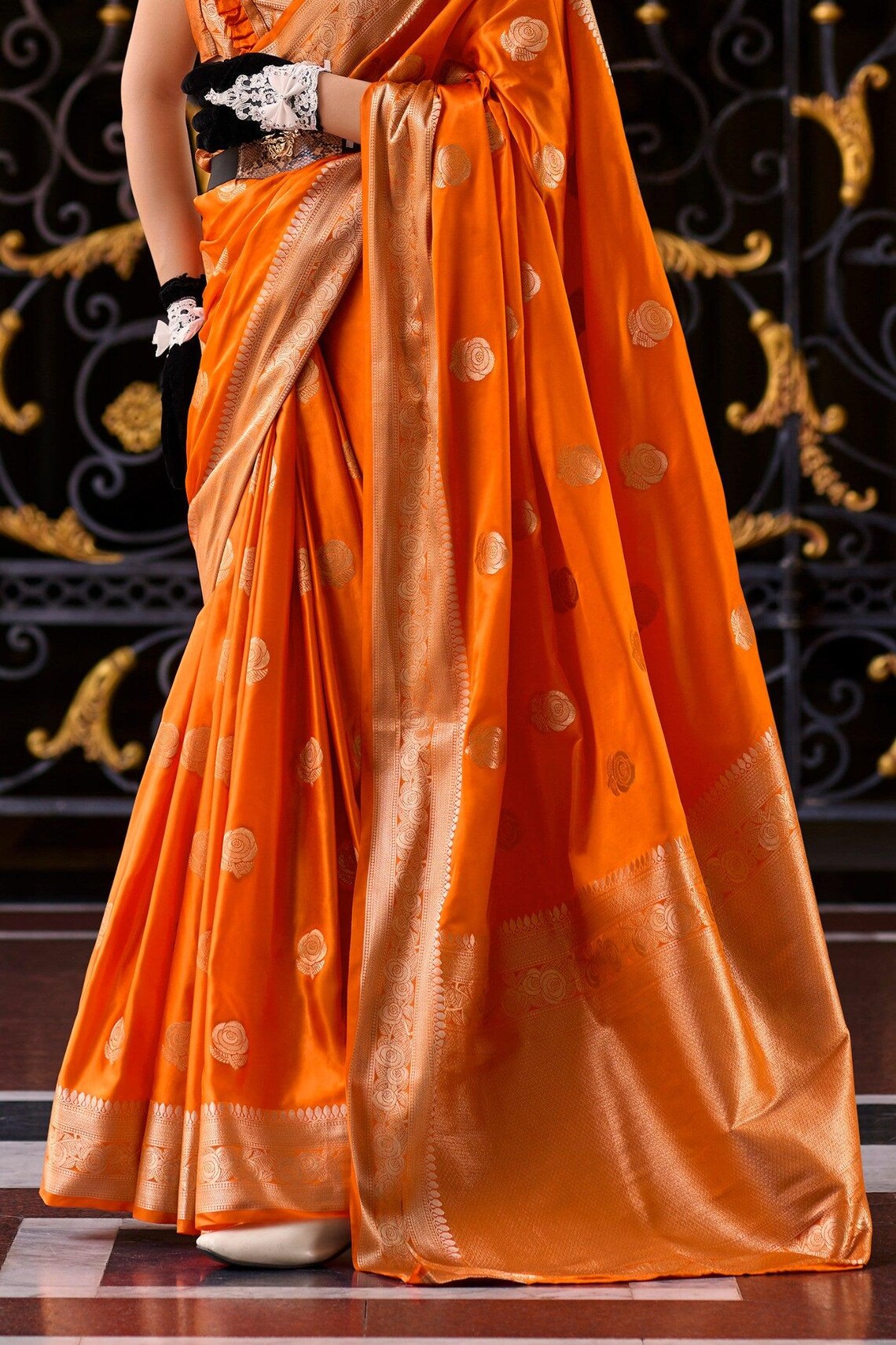 Plush Orange Pure Satin Crepe Silk Saree