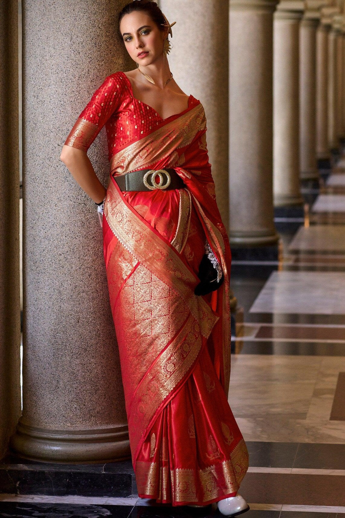 Luxury Red Pure Satin Crepe Silk Saree