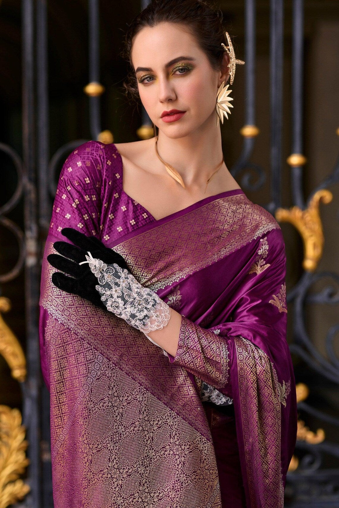 Elegant Dark Purple Pure Satin Crepe Silk Saree