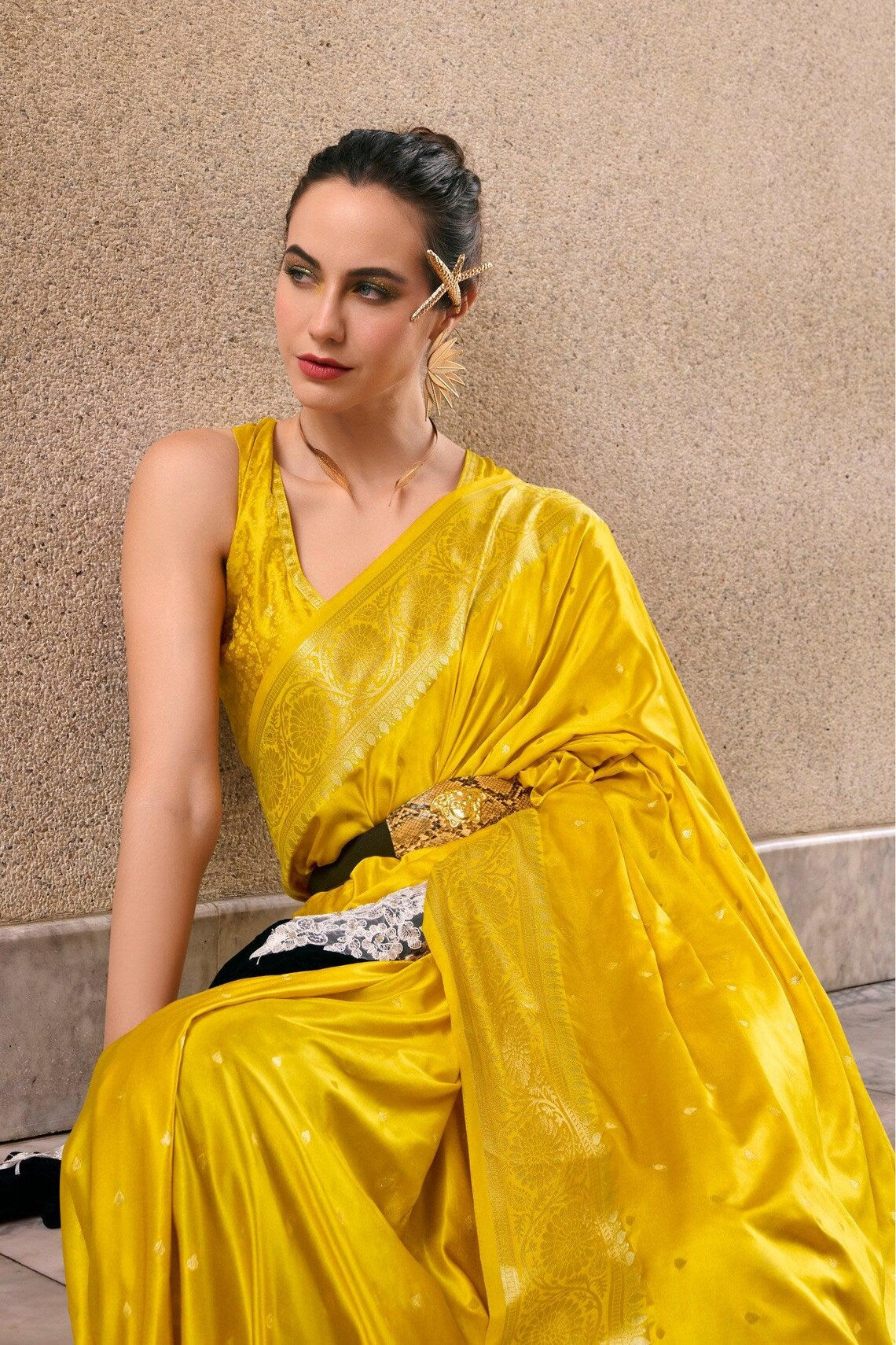 Deluxe Yellow Pure Satin Crepe Silk Saree