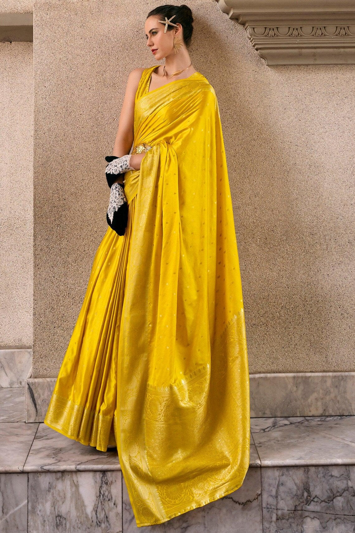 Deluxe Yellow Pure Satin Crepe Silk Saree