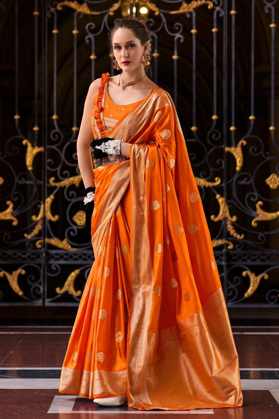 Plush Orange Pure Satin Crepe Silk Saree