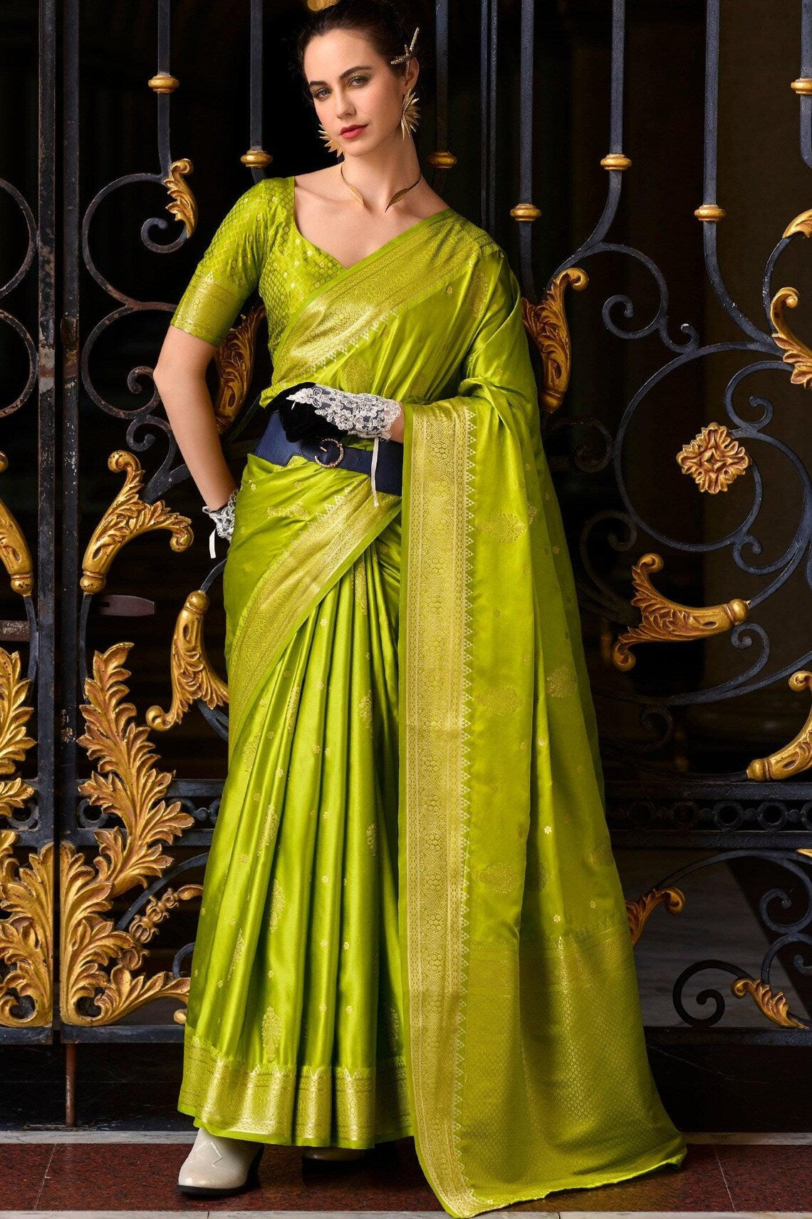 Radiant Green Pure Satin Crepe Silk Saree