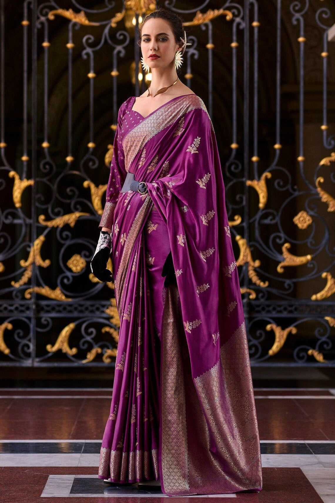 Elegant Dark Purple Pure Satin Crepe Silk Saree