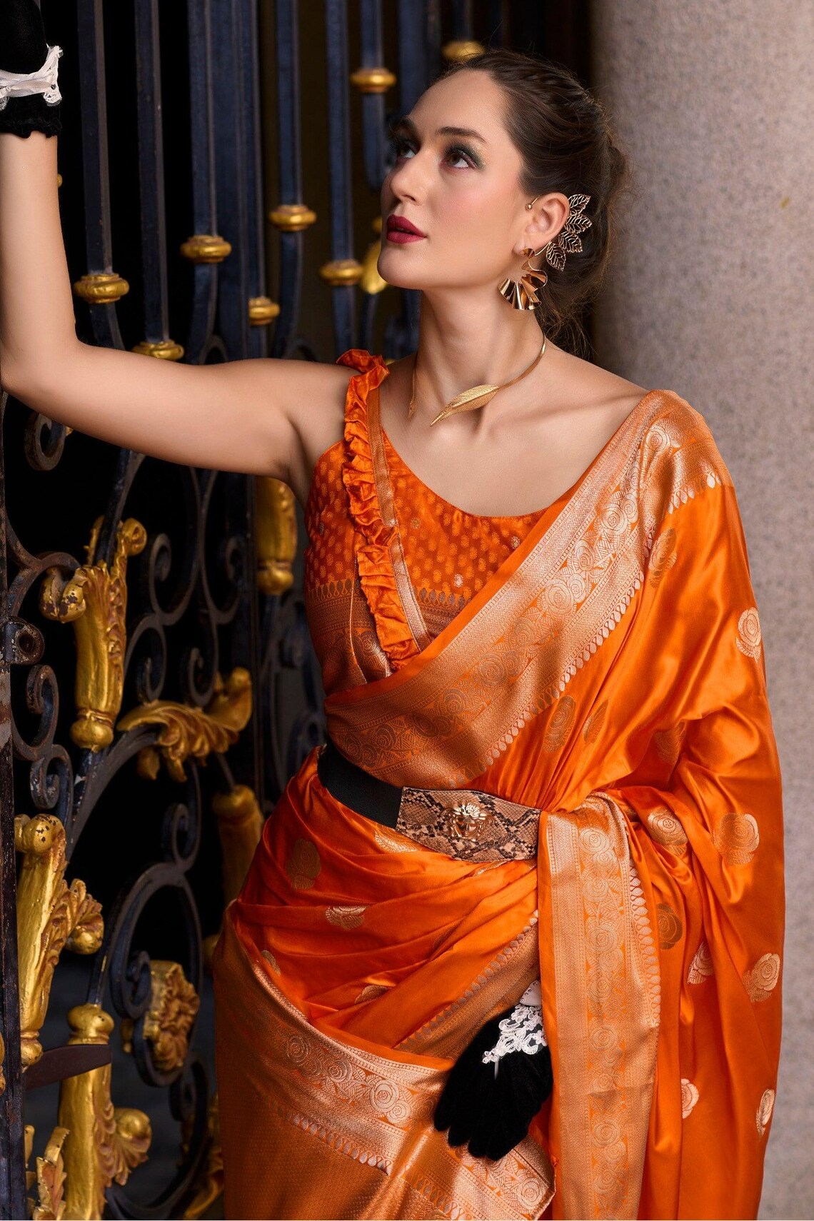 Plush Orange Pure Satin Crepe Silk Saree