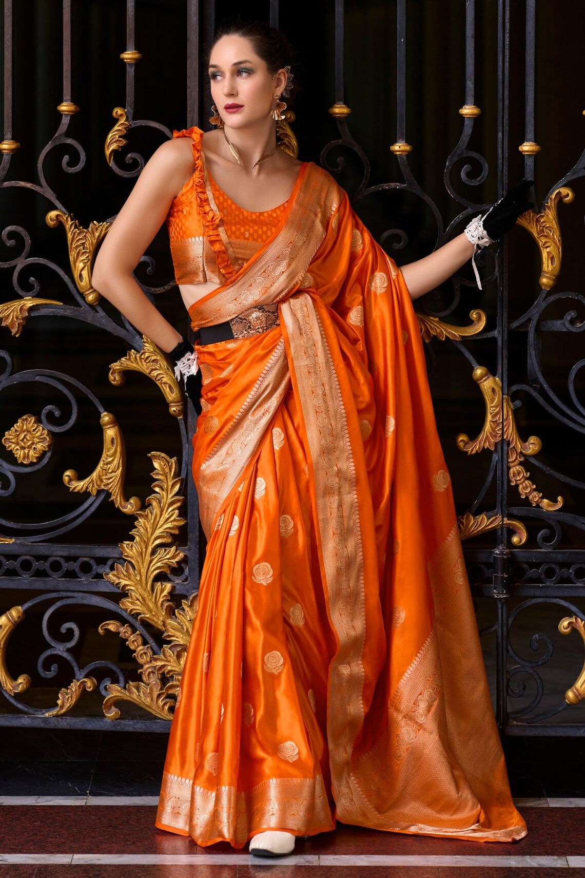 Plush Orange Pure Satin Crepe Silk Saree