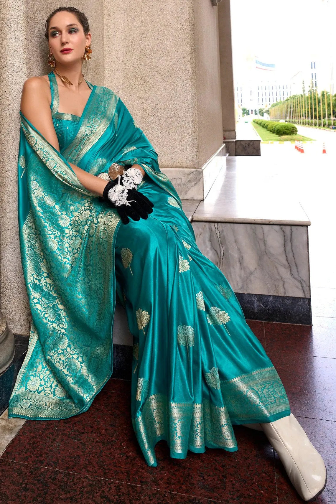 Pure Sky Blue Pure Satin Crepe Silk Saree