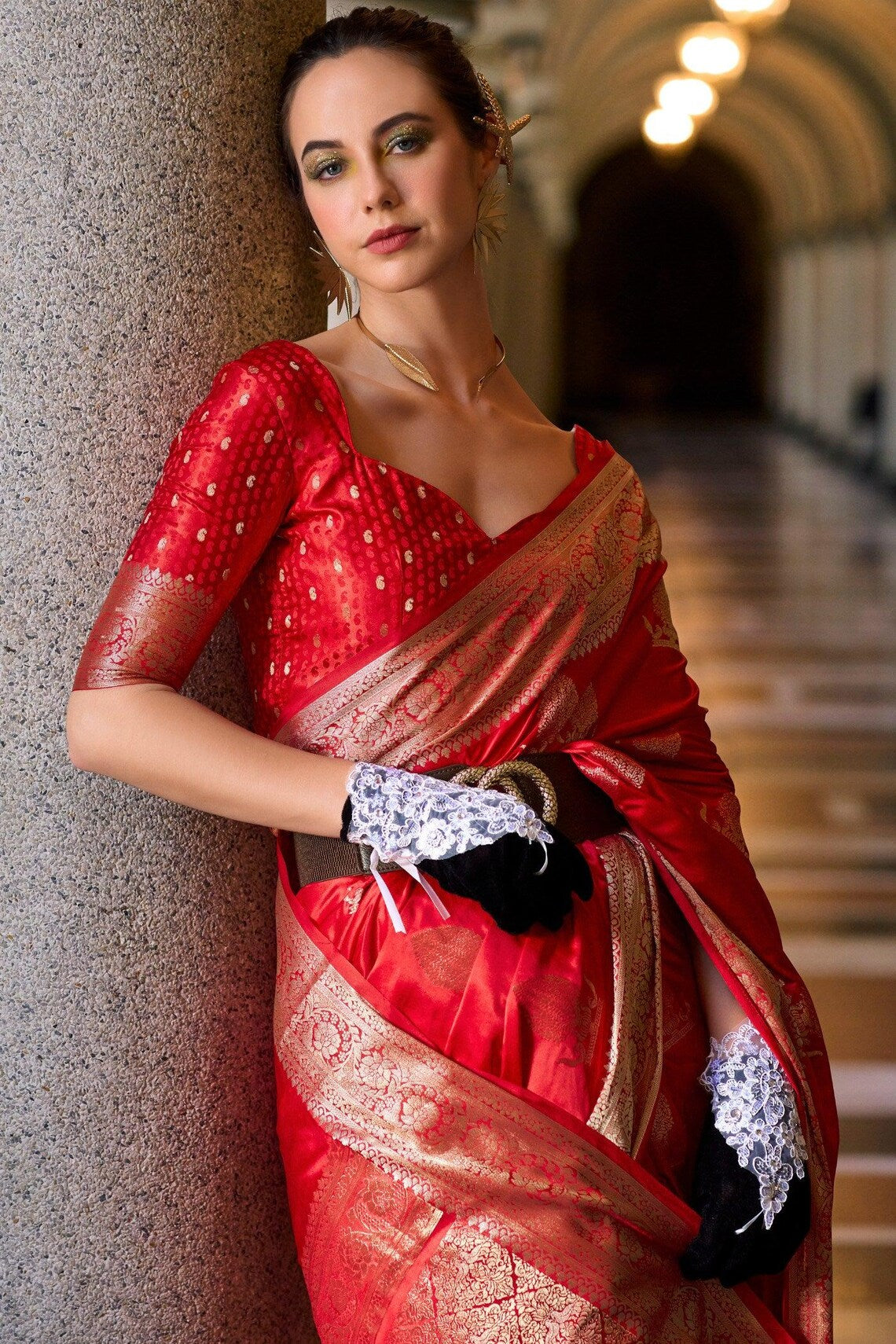 Luxury Red Pure Satin Crepe Silk Saree