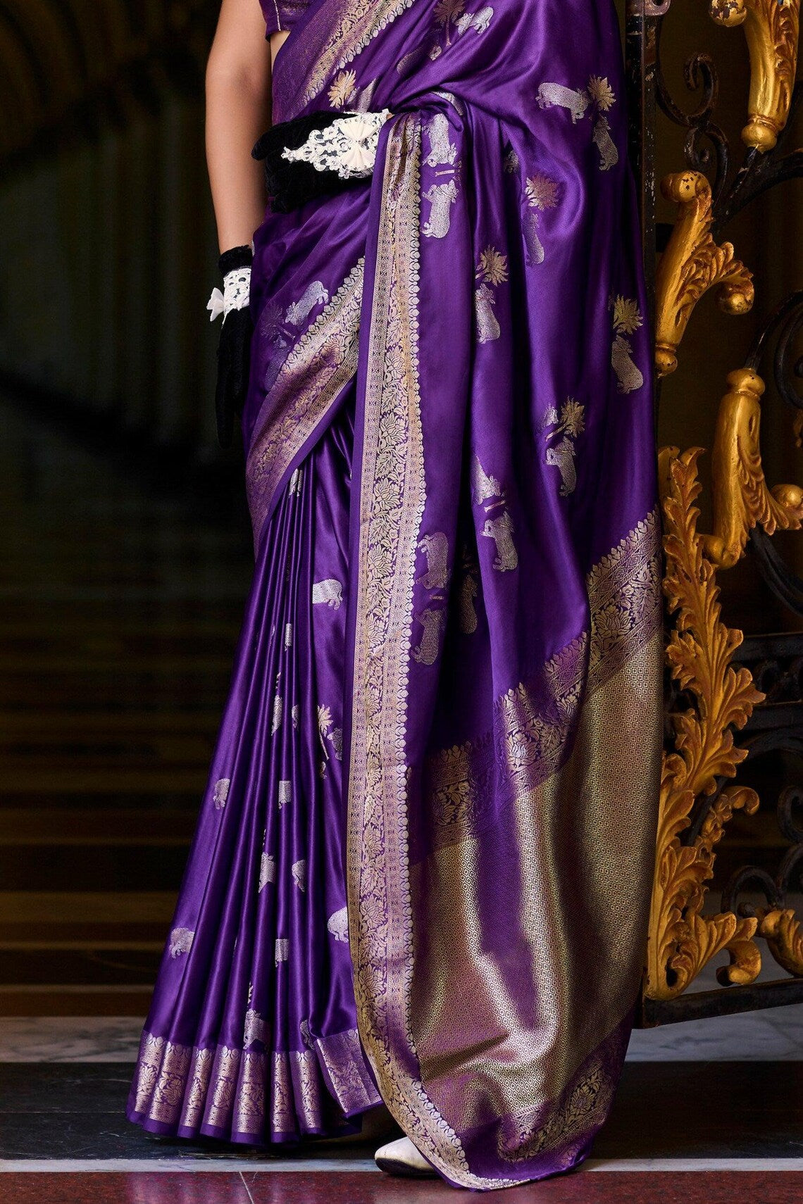 New Purple Pure Satin Crepe Silk Saree