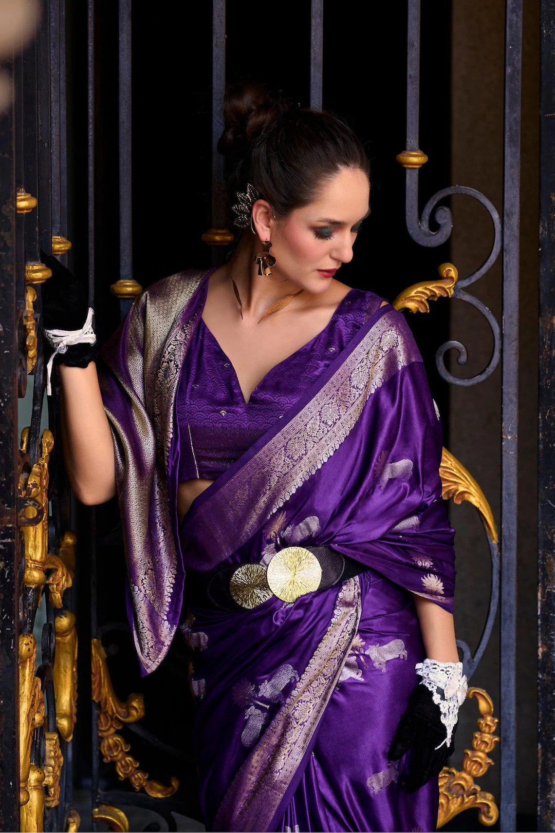 New Purple Pure Satin Crepe Silk Saree