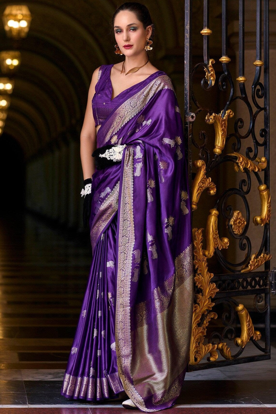 New Purple Pure Satin Crepe Silk Saree